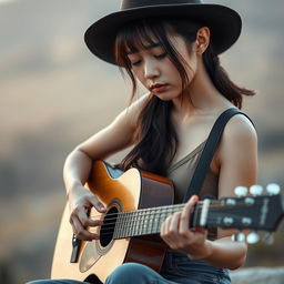 A cute and beautiful Korean woman with a sad expression, playing an acoustic guitar