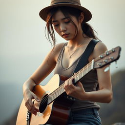 A cute and beautiful Korean woman with a sad expression, playing an acoustic guitar