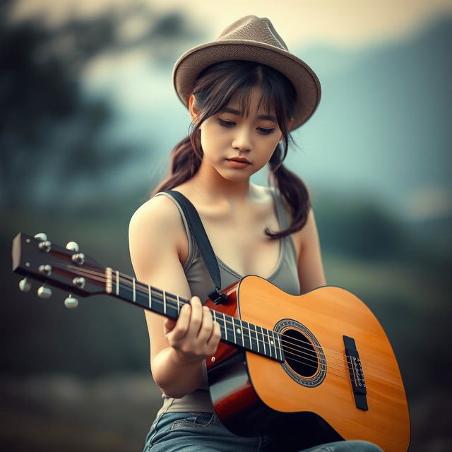 A cute and beautiful Korean woman with a sad expression, playing an acoustic guitar