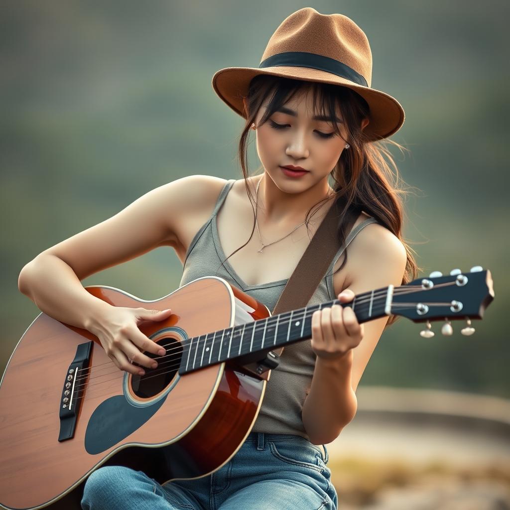 A cute and beautiful Korean woman with a sad expression, playing an acoustic guitar