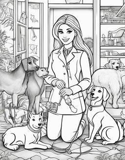 Black and white colouring book page featuring Barbie as a veterinarian with various animals.