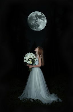 A girl standing in a dense, eerie forest, holding a bouquet of full white flowers