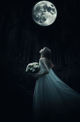 A girl standing in a dense, eerie forest, holding a bouquet of full white flowers