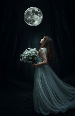 A girl standing in a dense, eerie forest, holding a bouquet of full white flowers