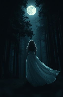 A mysterious scene depicting a girl standing with her back to the viewer in a very dark, enchanting forest