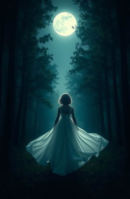 A mysterious scene depicting a girl standing with her back to the viewer in a very dark, enchanting forest
