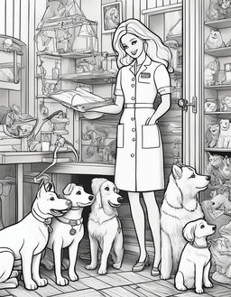 Black and white colouring book page featuring Barbie as a veterinarian with various animals.