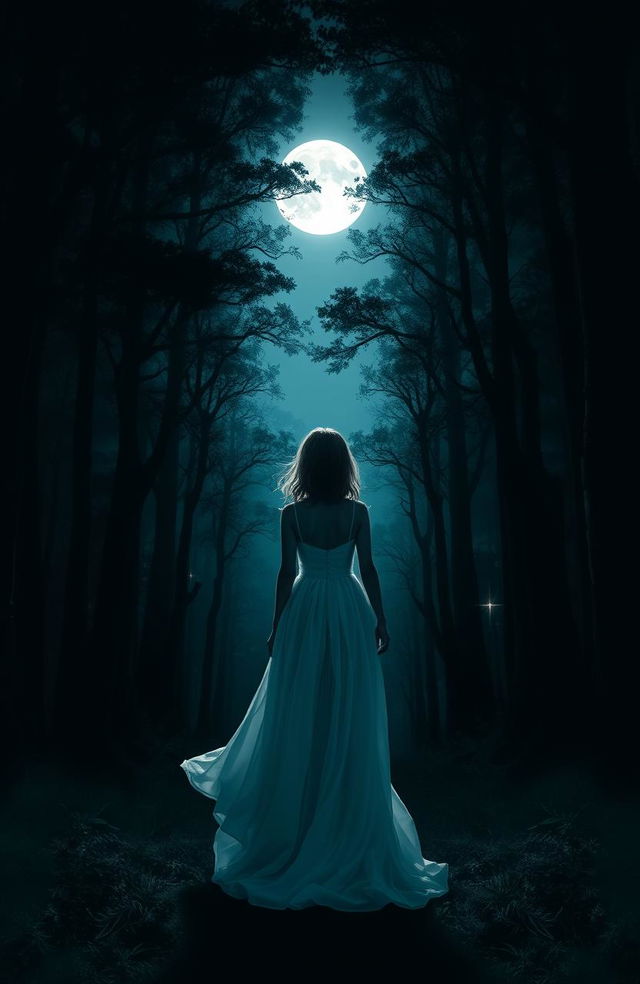 A mysterious scene depicting a girl standing with her back to the viewer in a very dark, enchanting forest