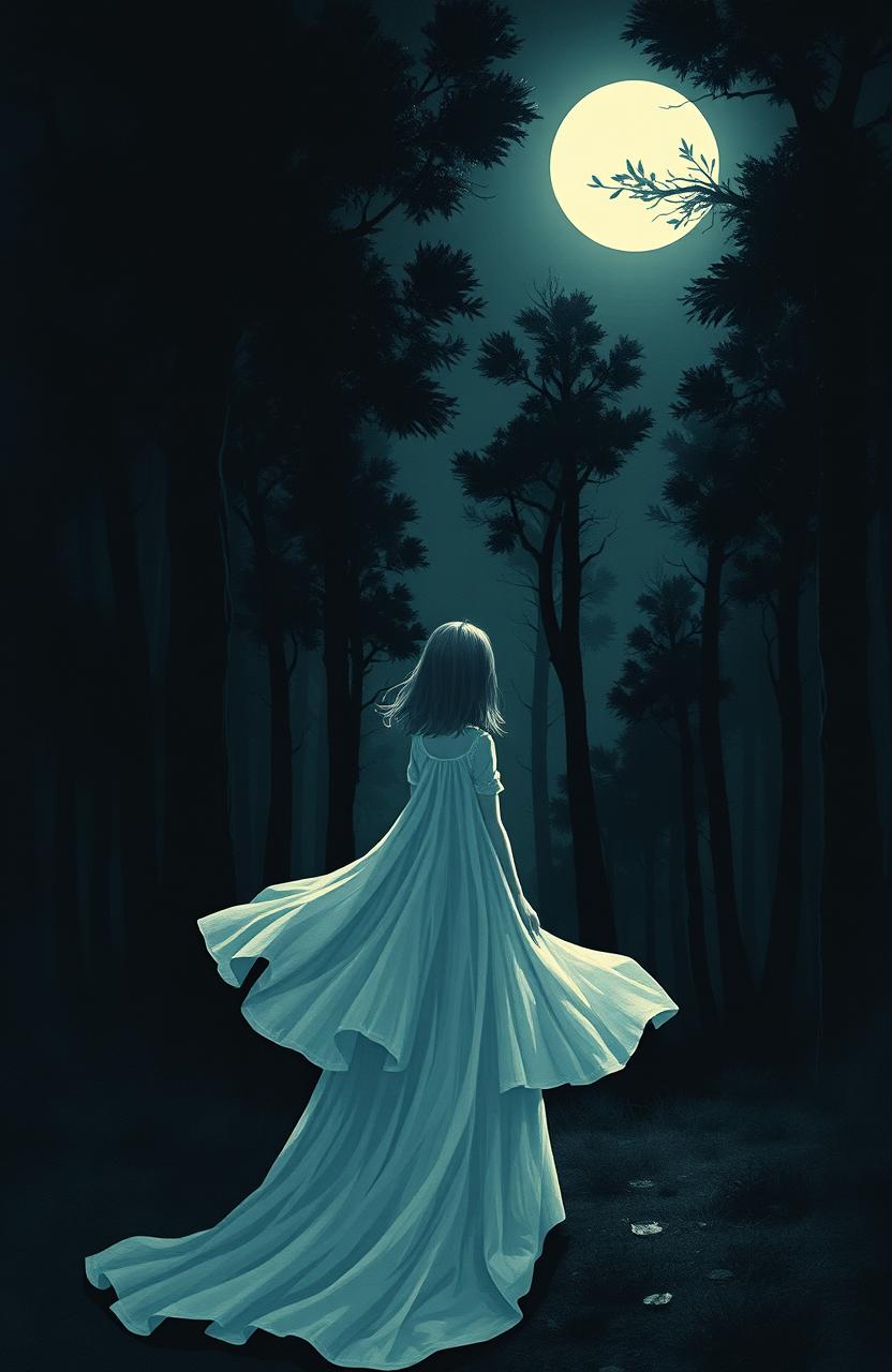 A mysterious scene depicting a girl standing with her back to the viewer in a very dark, enchanting forest