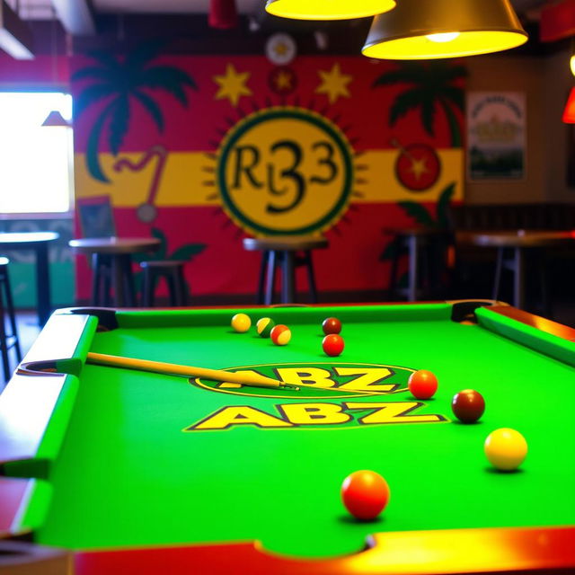 A vibrant billiards scene featuring a standard green felt pool table with colorful balls and cues