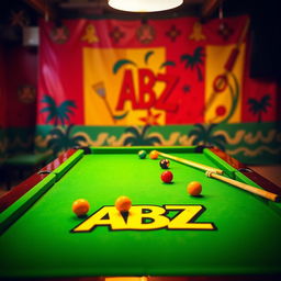A vibrant billiards scene featuring a standard green felt pool table with colorful balls and cues