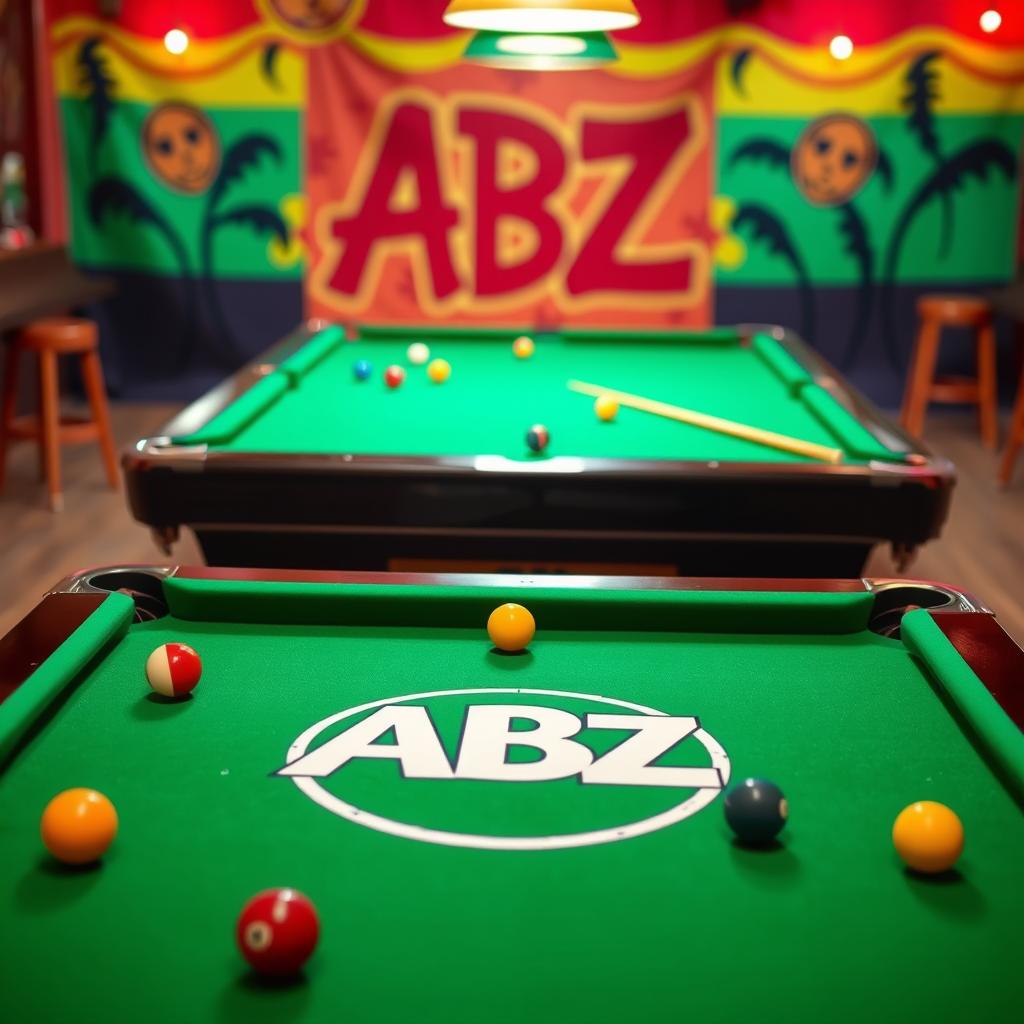 A vibrant billiards scene featuring a standard green felt pool table with colorful balls and cues