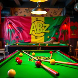 A vibrant billiards scene featuring a standard green felt pool table with colorful balls and cues