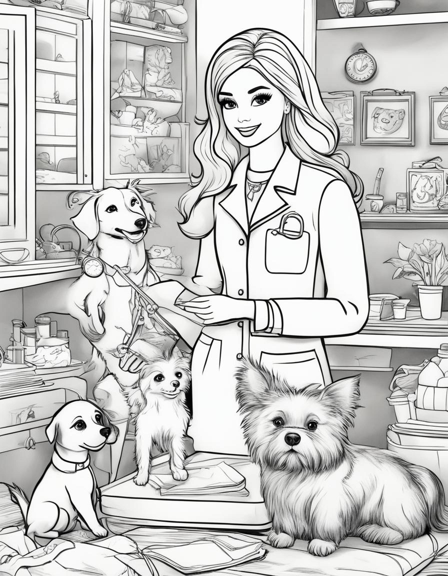 Black and white colouring book page featuring Barbie as a veterinarian with various animals.