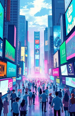 An insightful representation of the science of digital marketing, featuring a vibrant, futuristic cityscape filled with digital billboards, neon lights, and diverse people engaging with technology