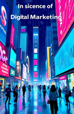 An insightful representation of the science of digital marketing, featuring a vibrant, futuristic cityscape filled with digital billboards, neon lights, and diverse people engaging with technology