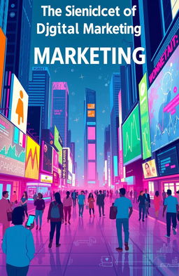 An insightful representation of the science of digital marketing, featuring a vibrant, futuristic cityscape filled with digital billboards, neon lights, and diverse people engaging with technology