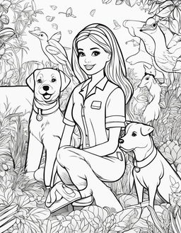 Black and white colouring book page featuring Barbie as a veterinarian with various animals.