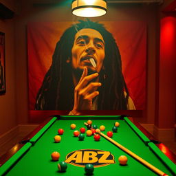 A dynamic billiards scene with a green felt pool table filled with colorful balls and cues, prominently displaying the ABZ logo integrated into the design