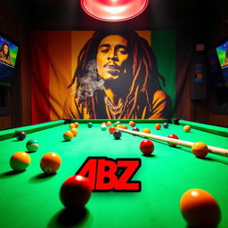 A dynamic billiards scene with a green felt pool table filled with colorful balls and cues, prominently displaying the ABZ logo integrated into the design