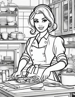 Black and white colouring book page featuring Barbie as a chef in a kitchen setting.