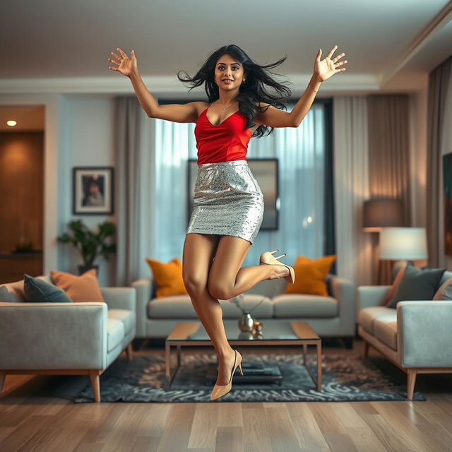 An Indian woman, elegantly dressed in a sparkling sequin silver mini skirt and a vibrant red top, is levitating effortlessly in a stylish modern living room