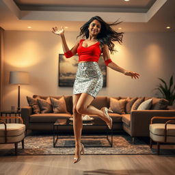 An Indian woman, elegantly dressed in a sparkling sequin silver mini skirt and a vibrant red top, is levitating effortlessly in a stylish modern living room