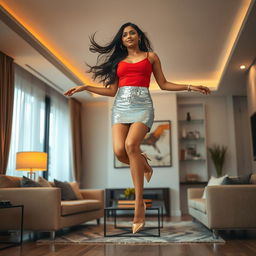 An Indian woman, elegantly dressed in a sparkling sequin silver mini skirt and a vibrant red top, is levitating effortlessly in a stylish modern living room