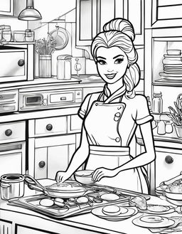 Black and white colouring book page featuring Barbie as a chef in a kitchen setting.