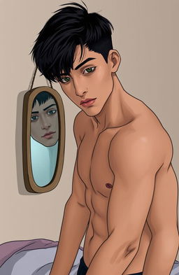 A young man, around 19 years old, stands up from his bed and walks towards a small mirror hanging on the wall