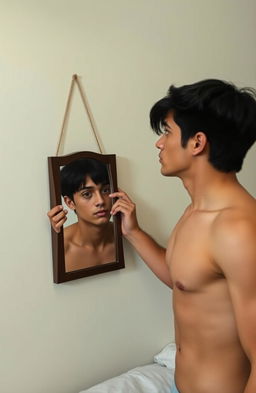 A young man, around 19 years old, stands up from his bed and walks towards a small mirror hanging on the wall