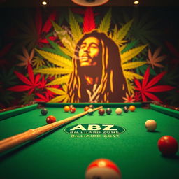 A captivating billiards scene featuring a classic green felt pool table adorned with a colorful array of billiard balls and cues
