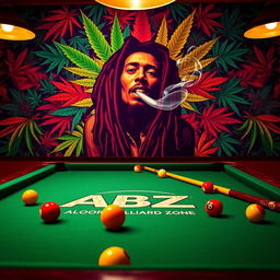 A captivating billiards scene featuring a classic green felt pool table adorned with a colorful array of billiard balls and cues