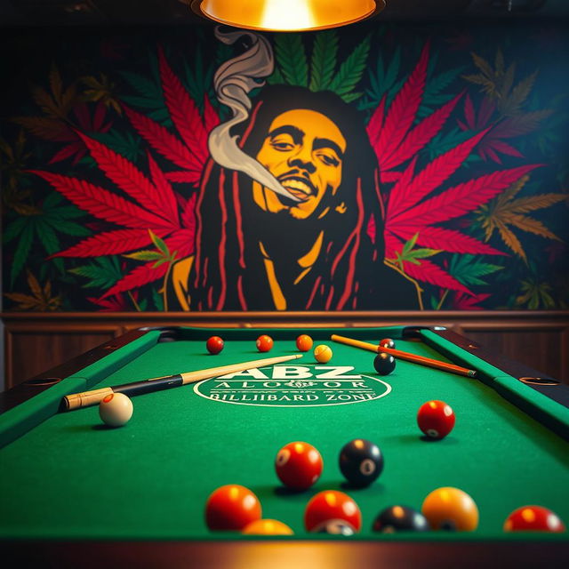 A captivating billiards scene featuring a classic green felt pool table adorned with a colorful array of billiard balls and cues