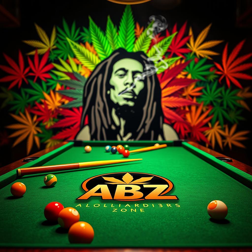 A captivating billiards scene featuring a classic green felt pool table adorned with a colorful array of billiard balls and cues