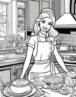 Black and white colouring book page featuring Barbie as a chef in a kitchen setting.