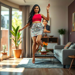 A vibrant and colorful interior of a modern house, featuring an Indian aunty elegantly levitating