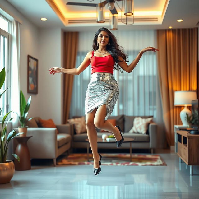 A vibrant and colorful interior of a modern house, featuring an Indian aunty elegantly levitating