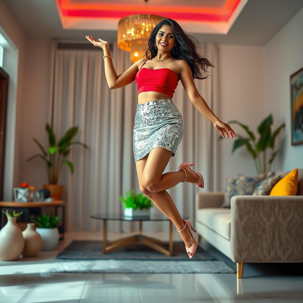 A vibrant and colorful interior of a modern house, featuring an Indian aunty elegantly levitating