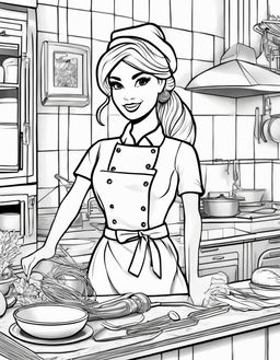 Black and white colouring book page featuring Barbie as a chef in a kitchen setting.