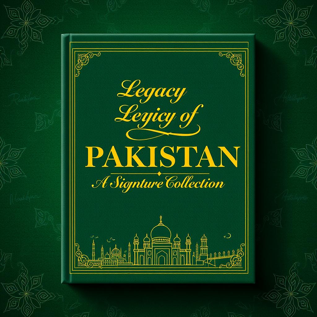 A beautifully designed book cover for 'Legacy of PAKISTAN: A Signature Collection', showcasing a luxurious and culturally rich aesthetic