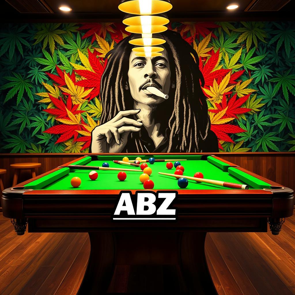 A lively billiards scene featuring a classic green felt pool table filled with colorful balls and cues, prominently displaying the ABZ logo stylishly integrated into the design