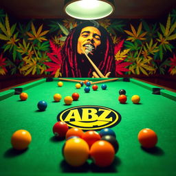 A lively billiards scene featuring a classic green felt pool table filled with colorful balls and cues, prominently displaying the ABZ logo stylishly integrated into the design