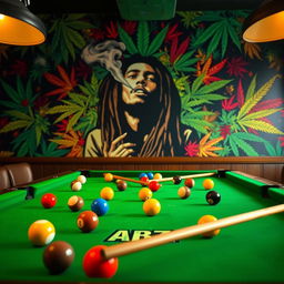 A lively billiards scene featuring a classic green felt pool table filled with colorful balls and cues, prominently displaying the ABZ logo stylishly integrated into the design