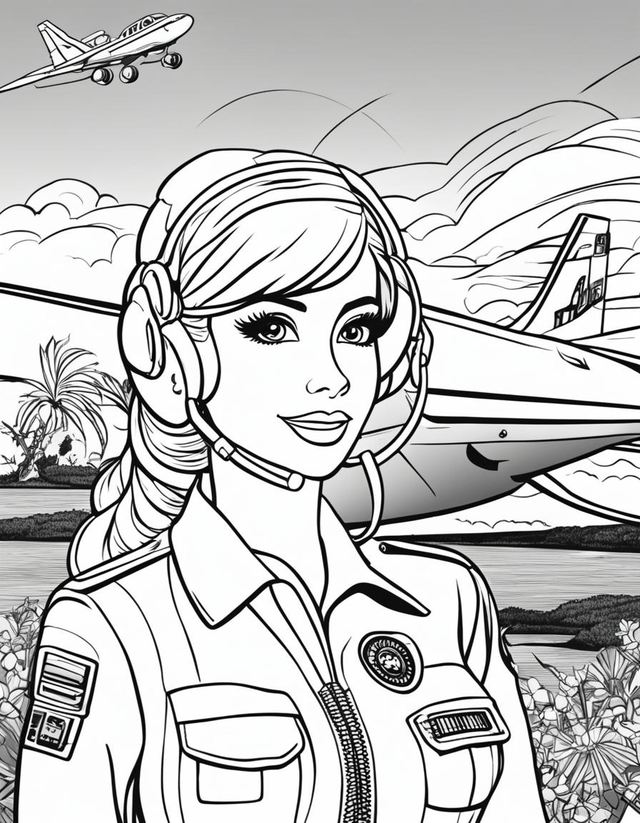 Black and white colouring book page featuring Barbie as a pilot in front of an airplane.