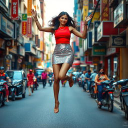 An energetic and bustling urban street scene featuring an Indian aunty gracefully levitating above the road