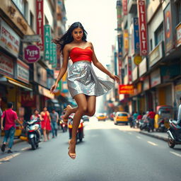 An energetic and bustling urban street scene featuring an Indian aunty gracefully levitating above the road