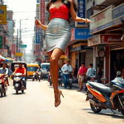 An energetic and bustling urban street scene featuring an Indian aunty gracefully levitating above the road