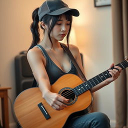 A beautiful Korean woman with a sad expression playing an acoustic guitar, showcasing her ponytail hairstyle tucked under a sporty hat
