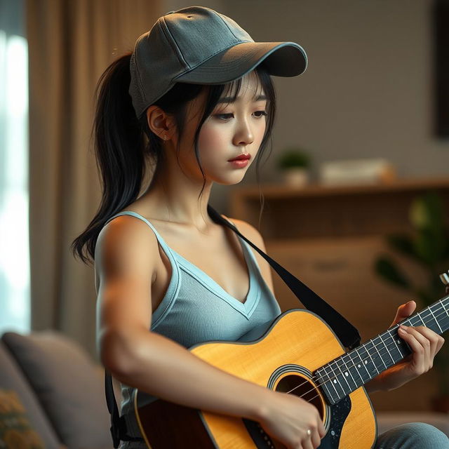 A beautiful Korean woman with a sad expression playing an acoustic guitar, showcasing her ponytail hairstyle tucked under a sporty hat